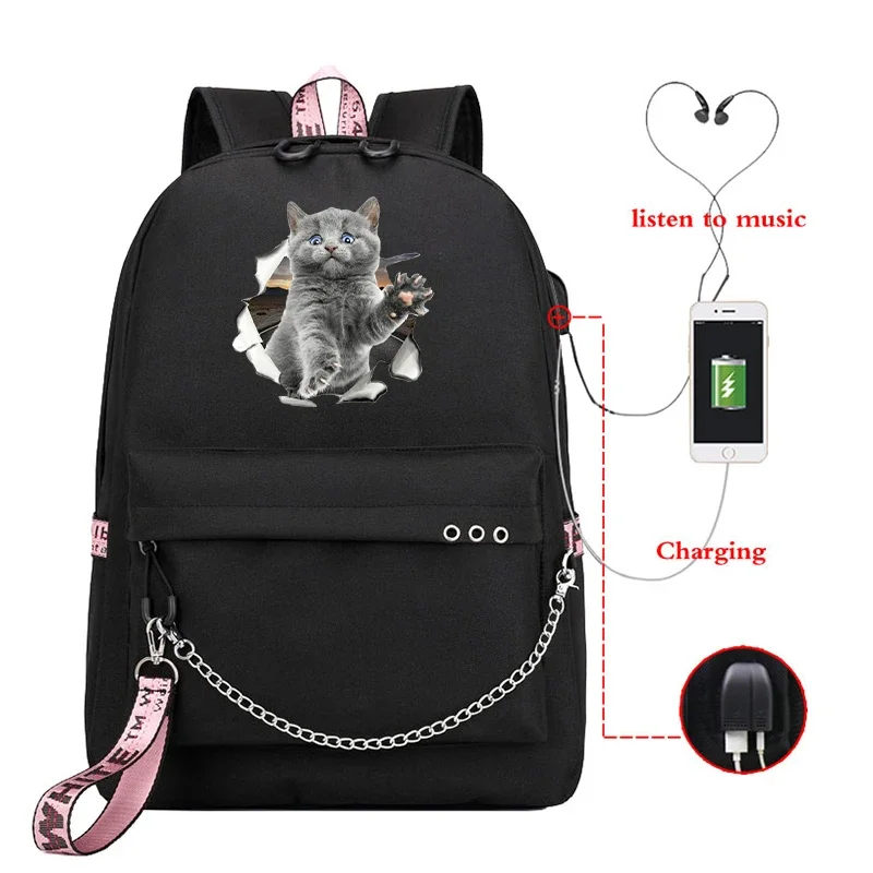 

Teen School Bag for Girls Usb Backpack Bag Cat Print Bookbags Middle Student Schoolbag Black Bag Travel Laptop Bagpack Mochilas