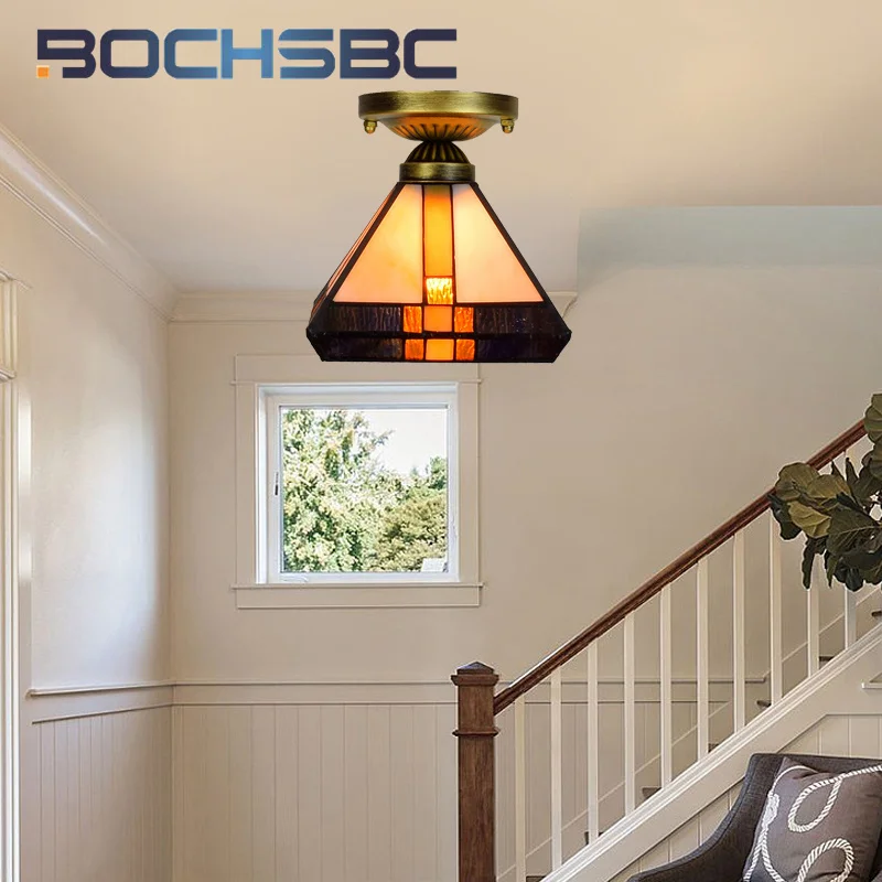 BOCHSBC Tiffany glass retro style 8inch ceiling light deco the restaurant hallway balcony with coffee-colored overhead light