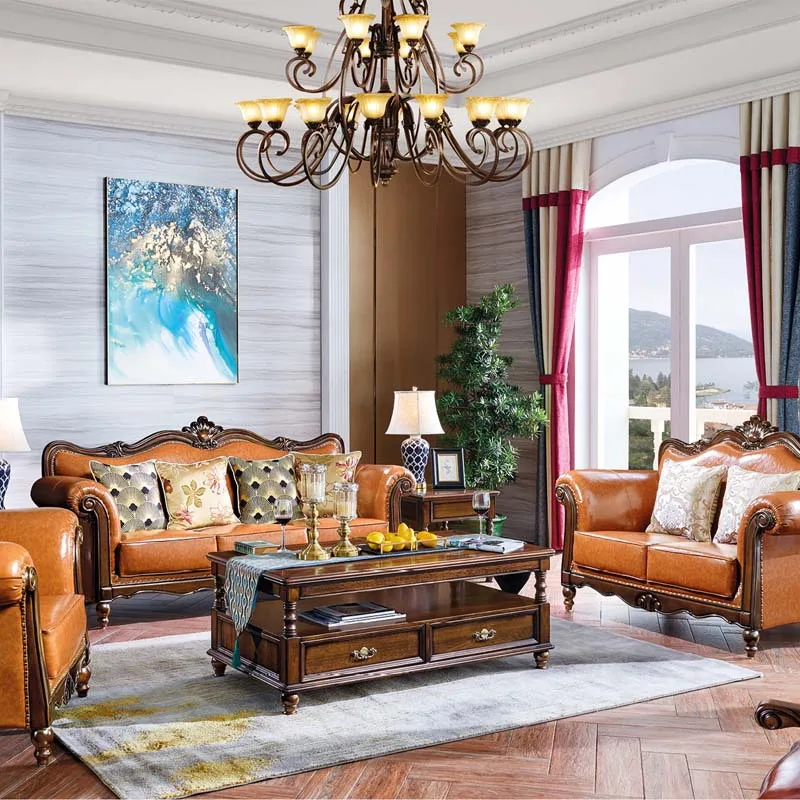 Solid wood sofa top layer reddish-brown oak three-person furniture