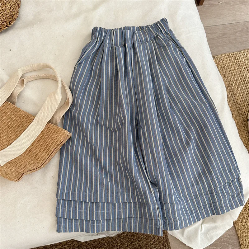 2026 Summer Kids Vertical Stripes Wide Leg Pants 1-6Y Baby Girls Elastic Waist Trousers Korean-style Straight Pants