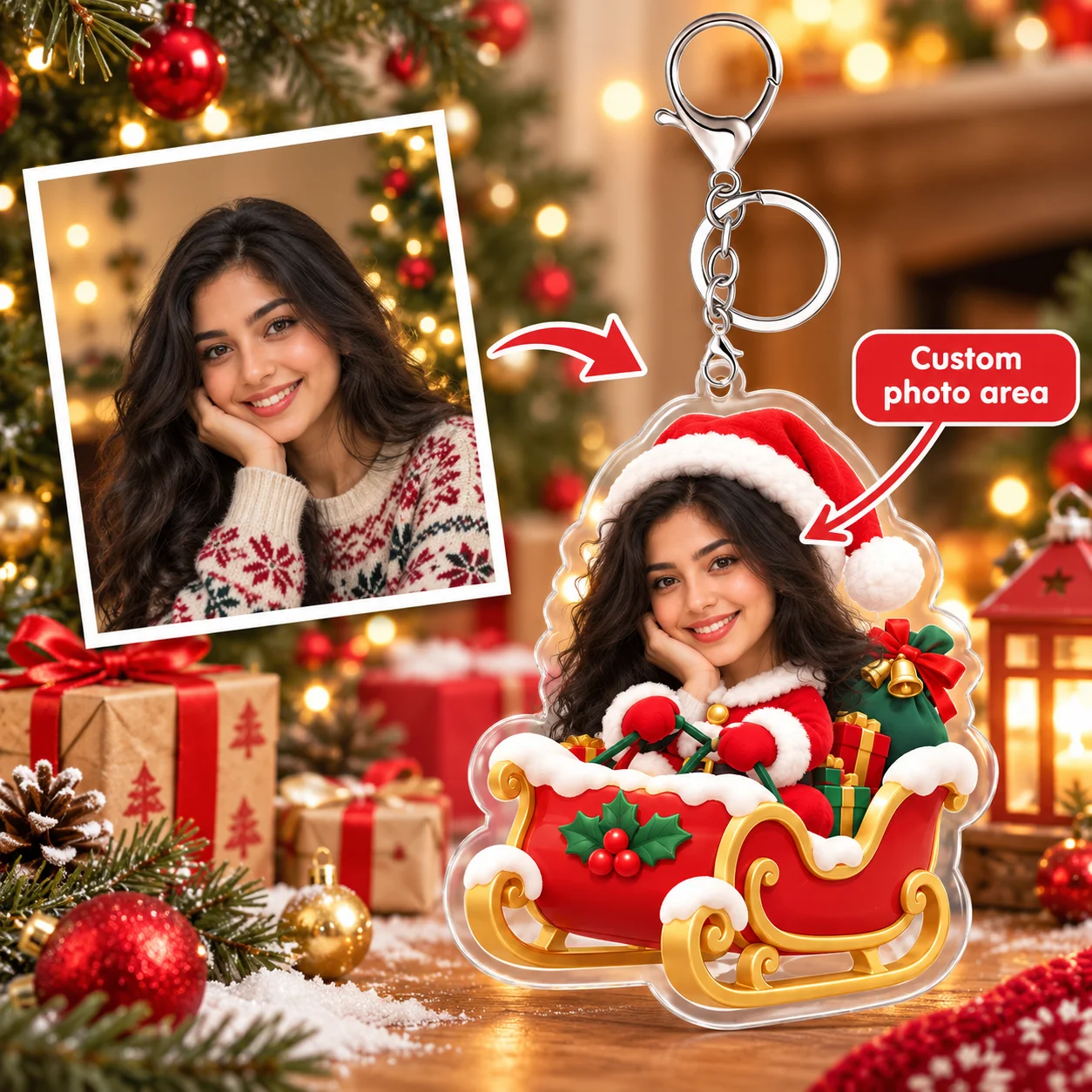 Custom Photo Acrylic Keychain Pendant Personalized Picture Key Chain Christmas Gift Bag Charm Keepsake for Couple Family Pet