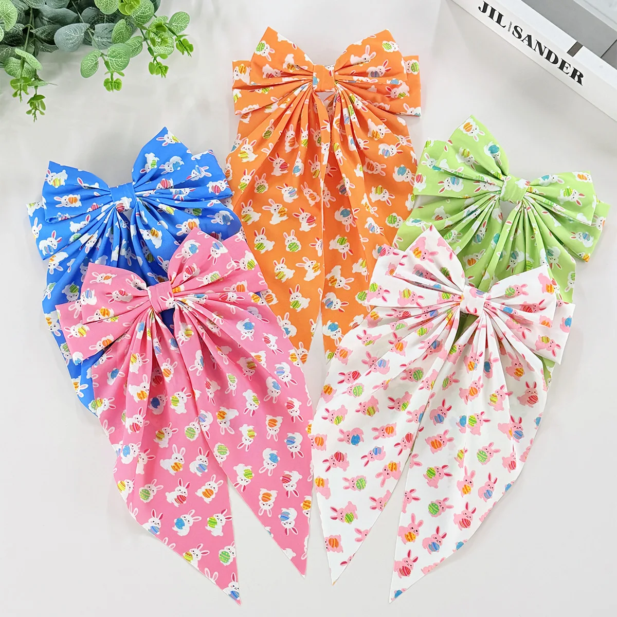 

1pc Easter Bow Spring Hair Clip Cartoon Bunny Egg Print Long Ribbon Hair Claw for Women Festive Party Headwear