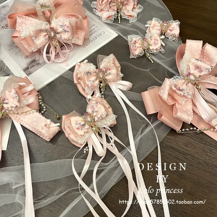 

Розовая кружевная заколка-бант в стиле Лолита ручной работы, милый аксессуар для волос для женщин