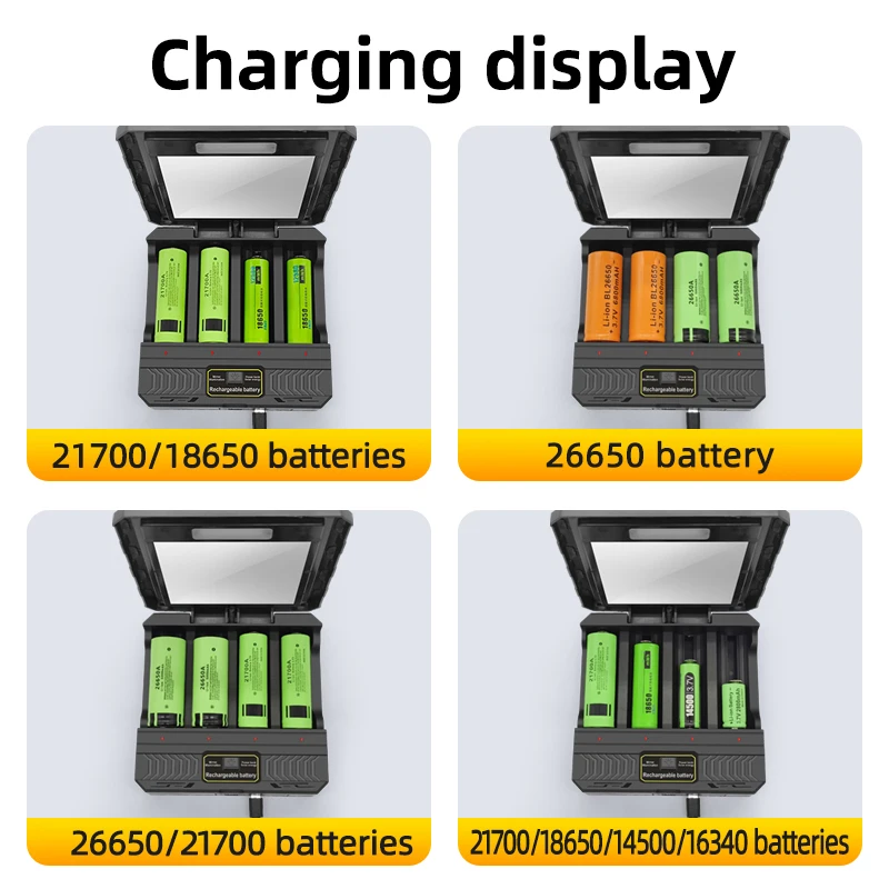 Carregador de Bateria de Lítio Solar Inteligente, Tipo-C, USB, Quatro Ranhuras, Multifunções, Exterior, 3.7V, 18650, 26650, 21700 Baterias