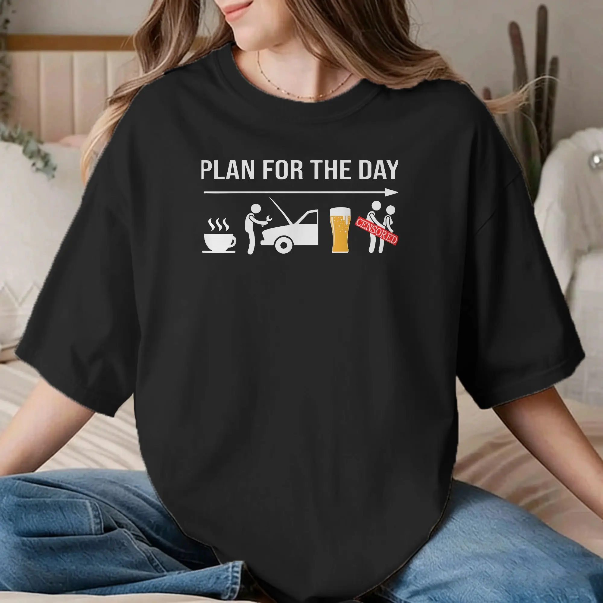 Men Women T-Shirts Plan For The Day Funny Coffee Wrench Beer Mechanic Cotton Tee Shirt T Shirts Crew Neck Clothing Summer