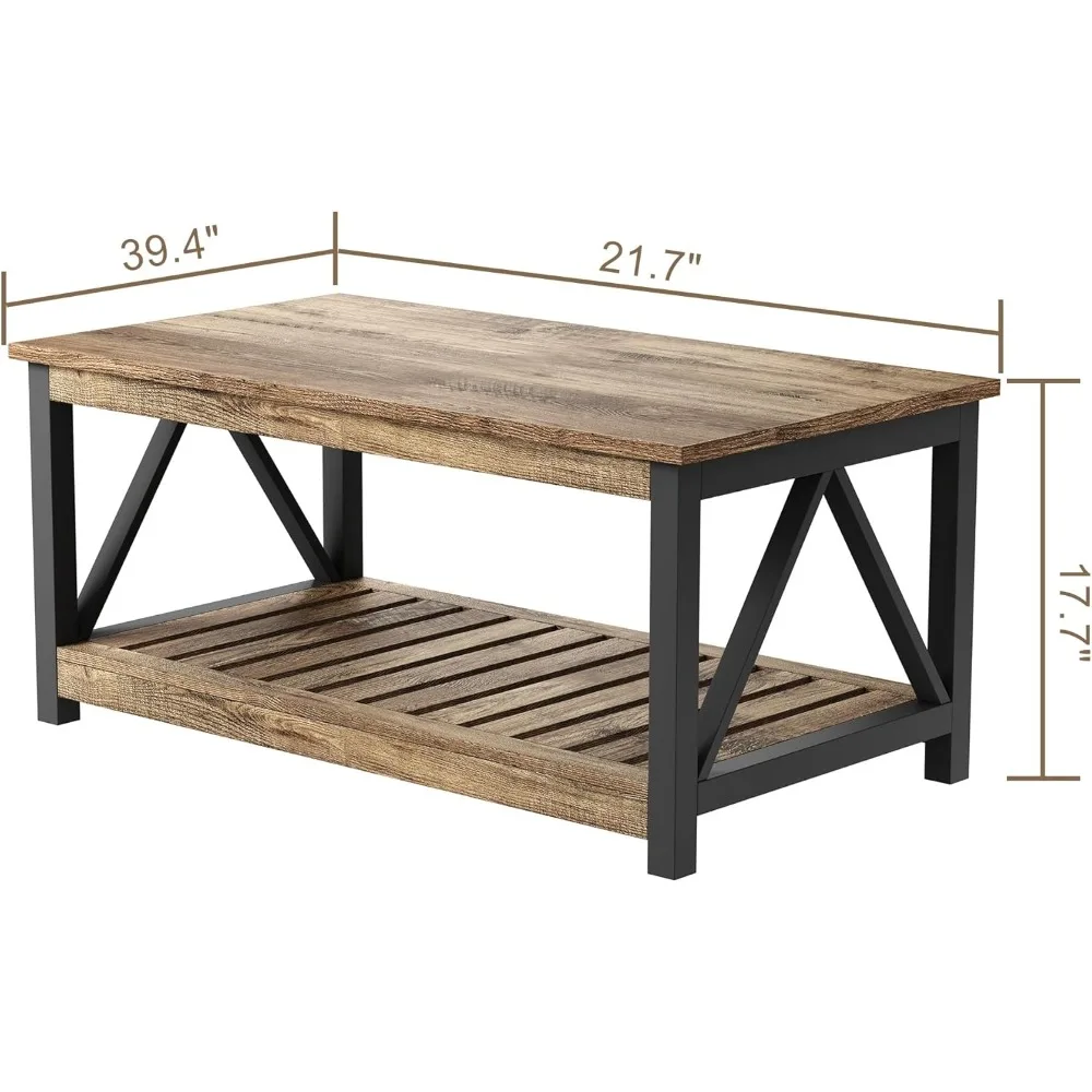 Rustic Oak and Black 40-Inch Rectangular Coffee Table with 2-Tier Storage for Living Room by ChooChoo Farmhouse