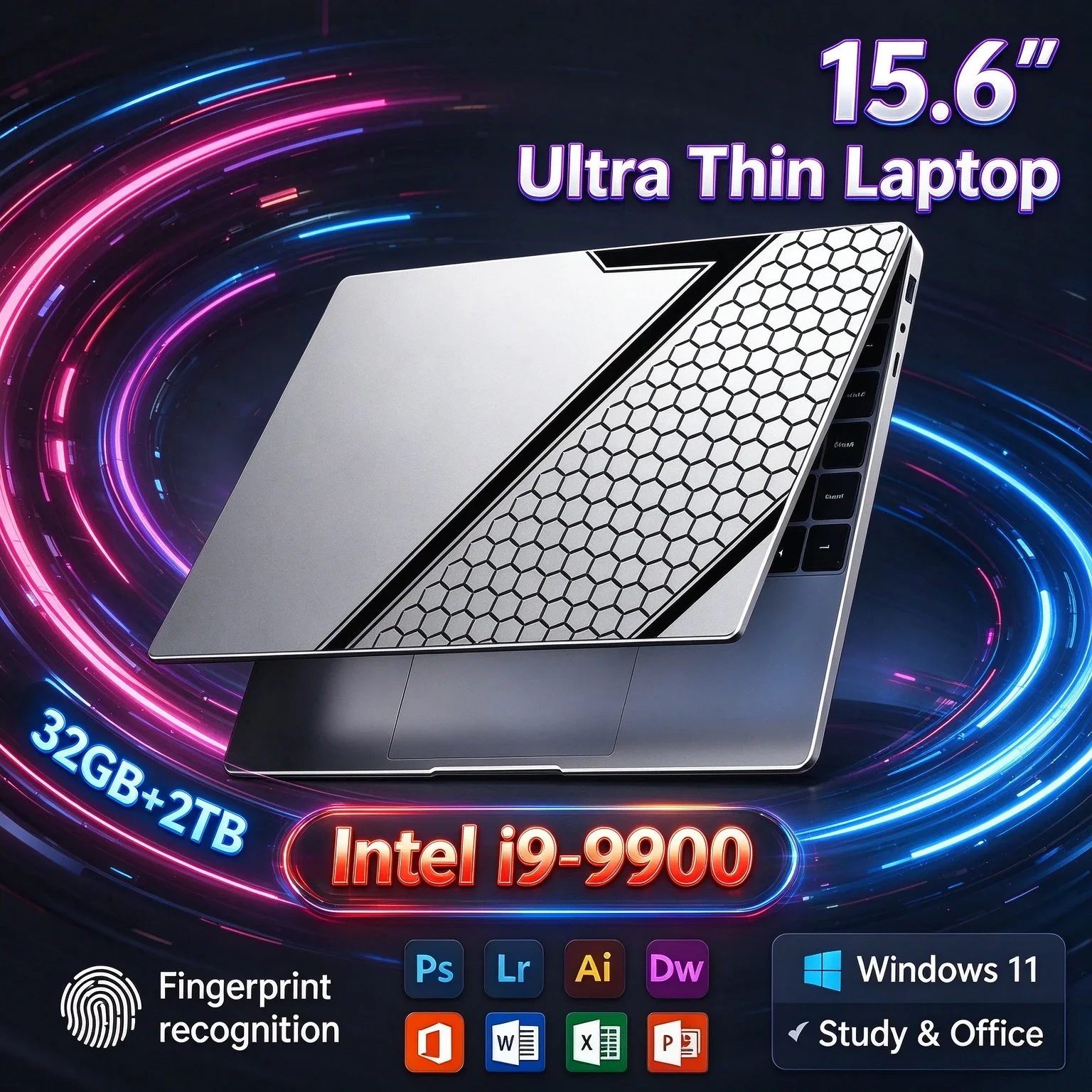 15.6'' Learning Gaming Notebook Intel I9-9900 32GB RAM Optional 1TB 2TB SSD Windows 11 Fingerprint Unlock Office Laptop Computer