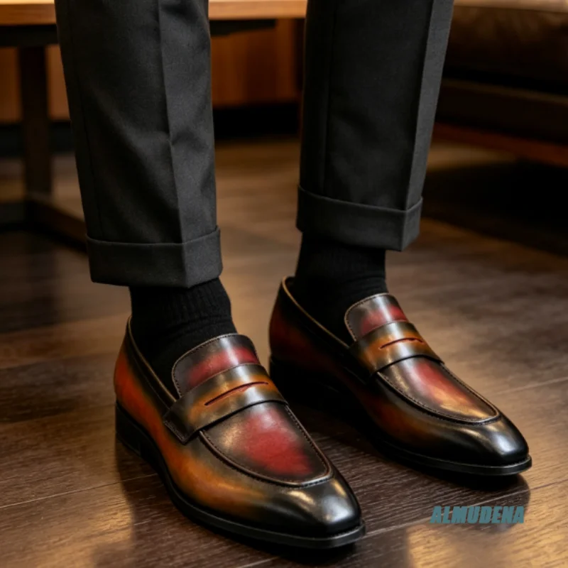 Gradient Burnish Faux Leather Almond Toe Penny Strap Slip On Flat Loafers Men Fashion Outdoor Business Walking Formal Shoes