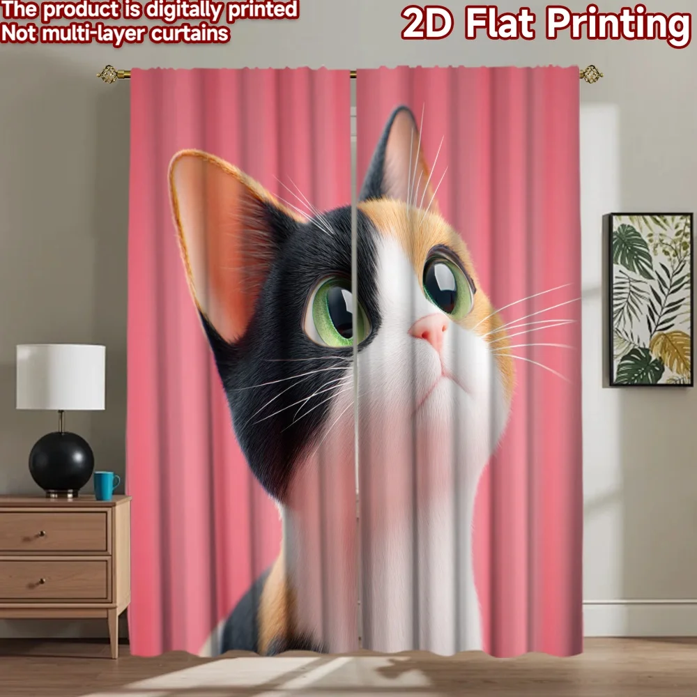 2D flat printing 2pcs Party Curtains Calico Cat Cute Animal Digital Printed Polyester Drapes Party Decorations for Indoor