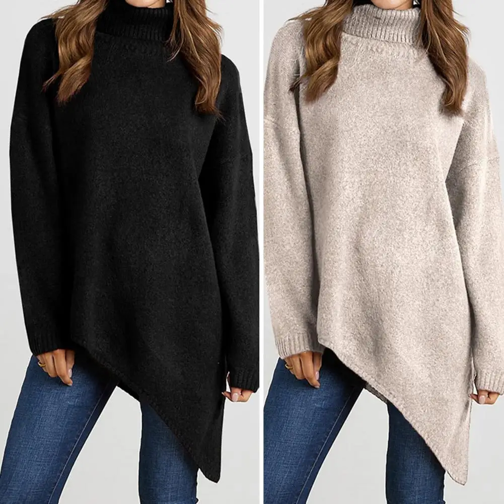 

Turtleneck Long Sleeve Ribbed Trim Asymmetric Split Hem Pullover Sweater Autumn Winter Solid Color Sweater Jumper Female Clothes