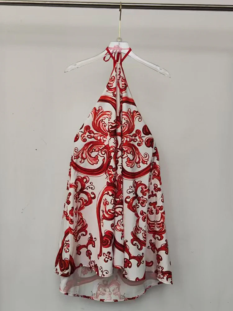 Designer Retro Geometrischer Druck Ärmelloses Neckholder-Trägertop 2026 Sommer Damenmode Vielseitiger Unregelmäßiger Pullover