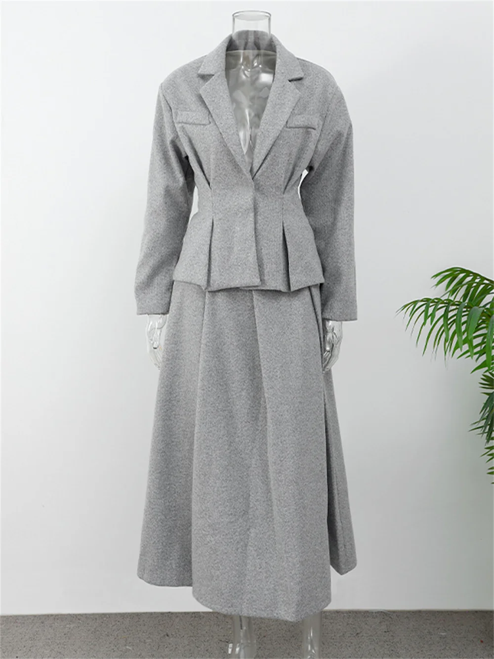 Elegant Grey Woolen Coat and Long Skirt Set Women Lapel Full Sleeve Jacket and A-line Pleated Skirt Lady Office Autumn Winter  O