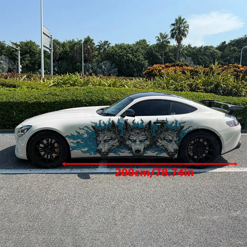2pcs Gothic Hellhound Three-Headed Wolf Car Side Wraps, Self-Adhesive PVC Waterproof & Scratch-Resistant Stickers, Car Accessory