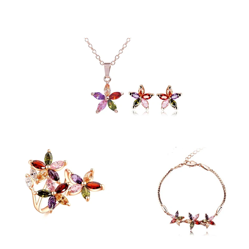 GMGYQ Classic Fashion Charming Rose Gold Color 5-Petal Flower Colorful Zirconia Sets for Lovely Girls Sweety Jewelry Gift