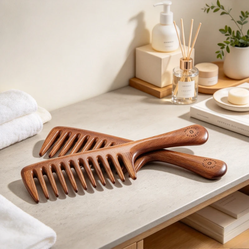 African Rosewood Wide Tooth Hair Comb Smooth Polished Wooden Detangling Scalp Massage Handle Gift Box for Women Daily 원목 빗
