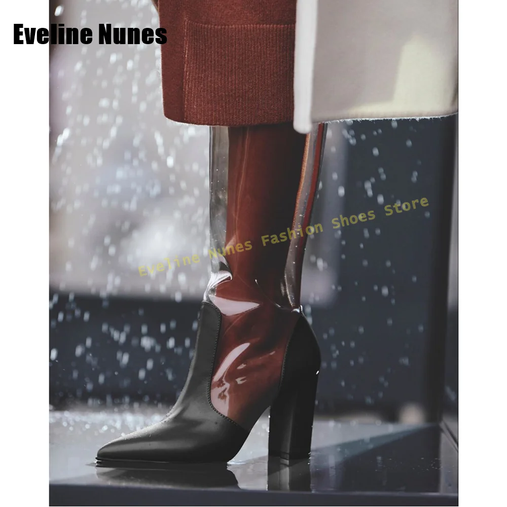 

Transparent Pvc Fashion Mid-Calf Boots Pointed Toe Block Heels Color Blocking Back Zip Sexy Women Knee High Boots 2025 New Style