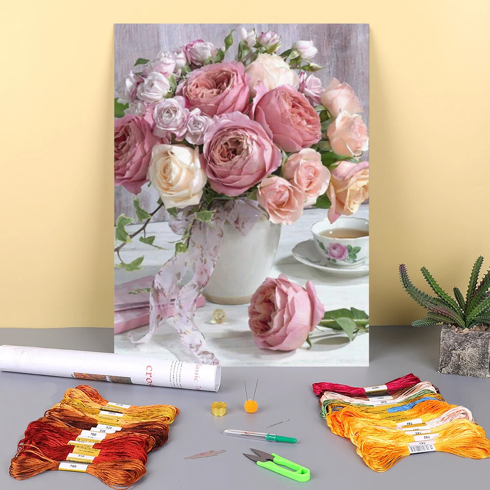 Meian Flower Rose DIY Haft 11CT Zestawy do haftu krzyżykowego Zestaw do robótek ręcznych Nici bawełniane z nadrukiem na płótnie Dekoracja domu