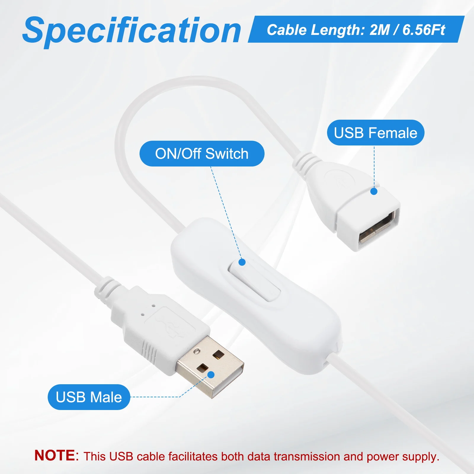 1/2Set 1M/2M USB Cable with ON/Off Switch USB Male to Female Extension Cord with Foam Double-sided Tape for LED Desk Lamp Fans