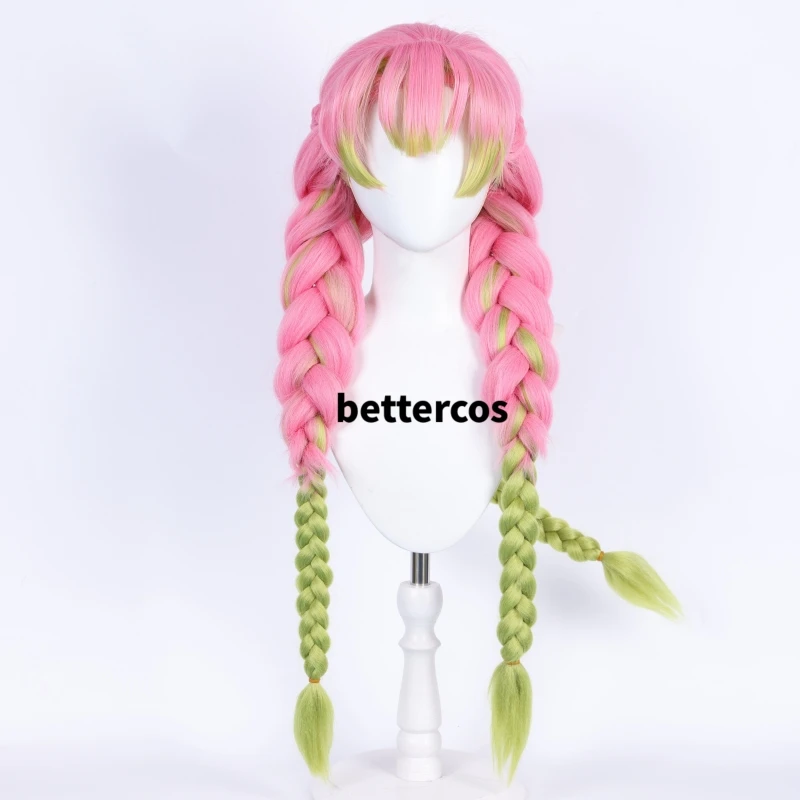 Mitsuri Oke Roji Cosplay Perruque avec Bonnet, Cheveux Longs, Authentique, Rose, Vert, Chaleur Degré