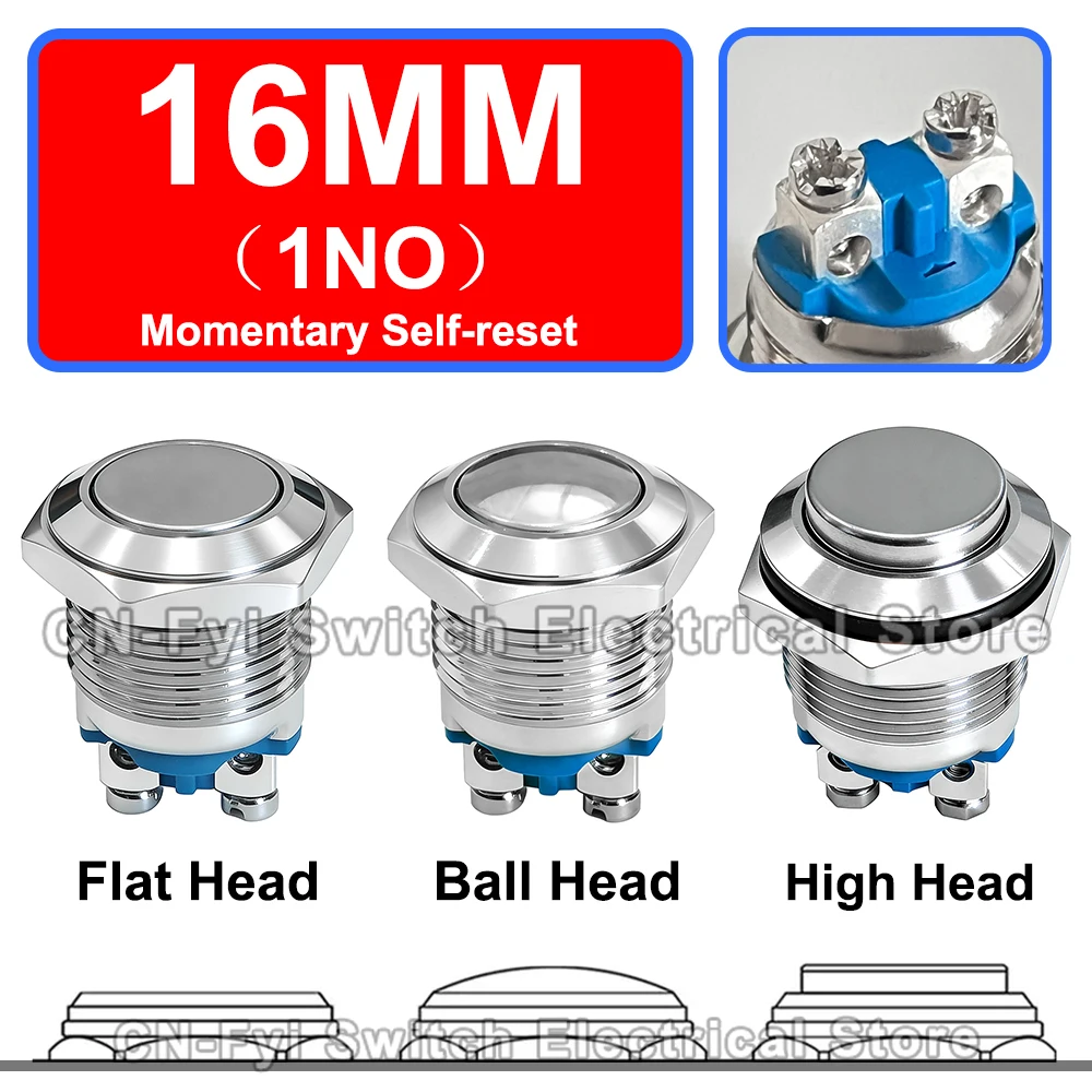 16MM Metal Push Button Switch Screw Foot High/Flat/Ball Head 1NO 2Pin Momentary Self Reset Waterproof Switch
