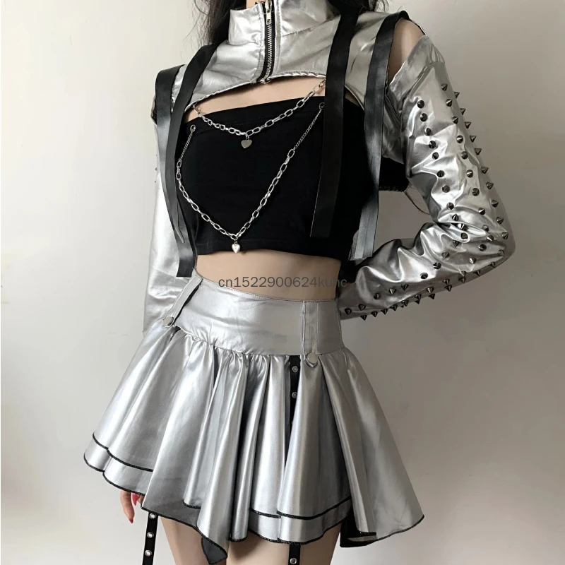 Women K-pop Silver Jazz Dance Outfit Metallic Rivet Shiny Jacket Long Sleeve Crop Top Pleated Miniskirt Set Hip Hop Jazz Clothes