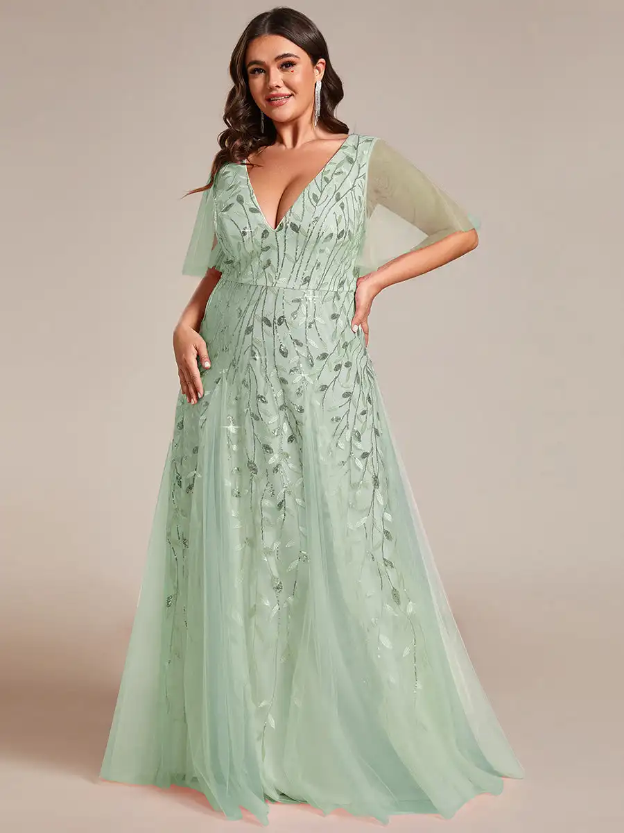 

Plus Size Evening Dresses Deep V Neck Short Sleeves Floor length 2025 Ever Pretty of Sequin Mint Green Bridesmaid dress