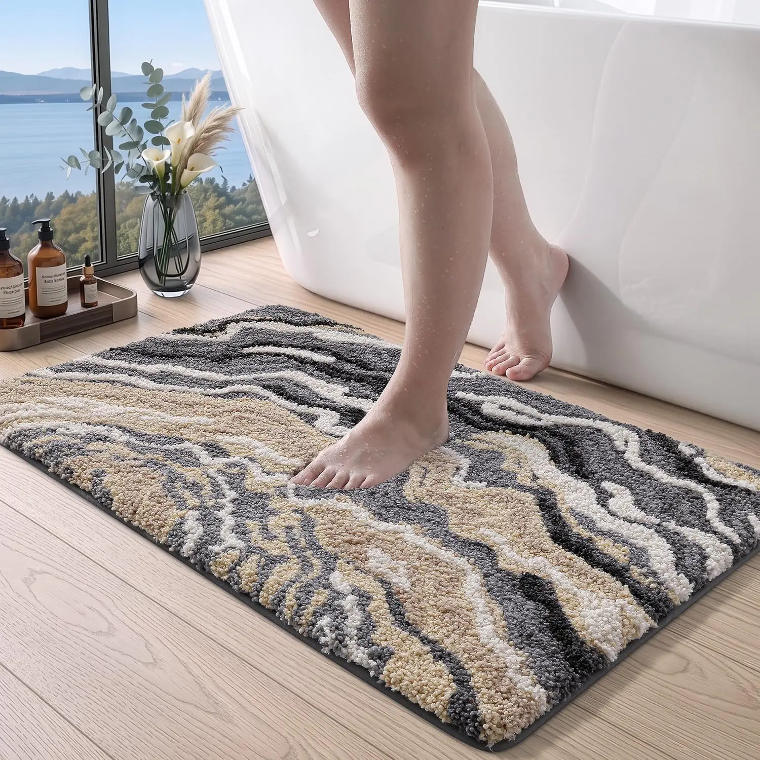 Super Absorbent Wave Stripe Bath Rug, TPR Non-Slip Backing Bathroom Mat, Soft Plush Machine Washable Anti-Bacterial Bath Carpet