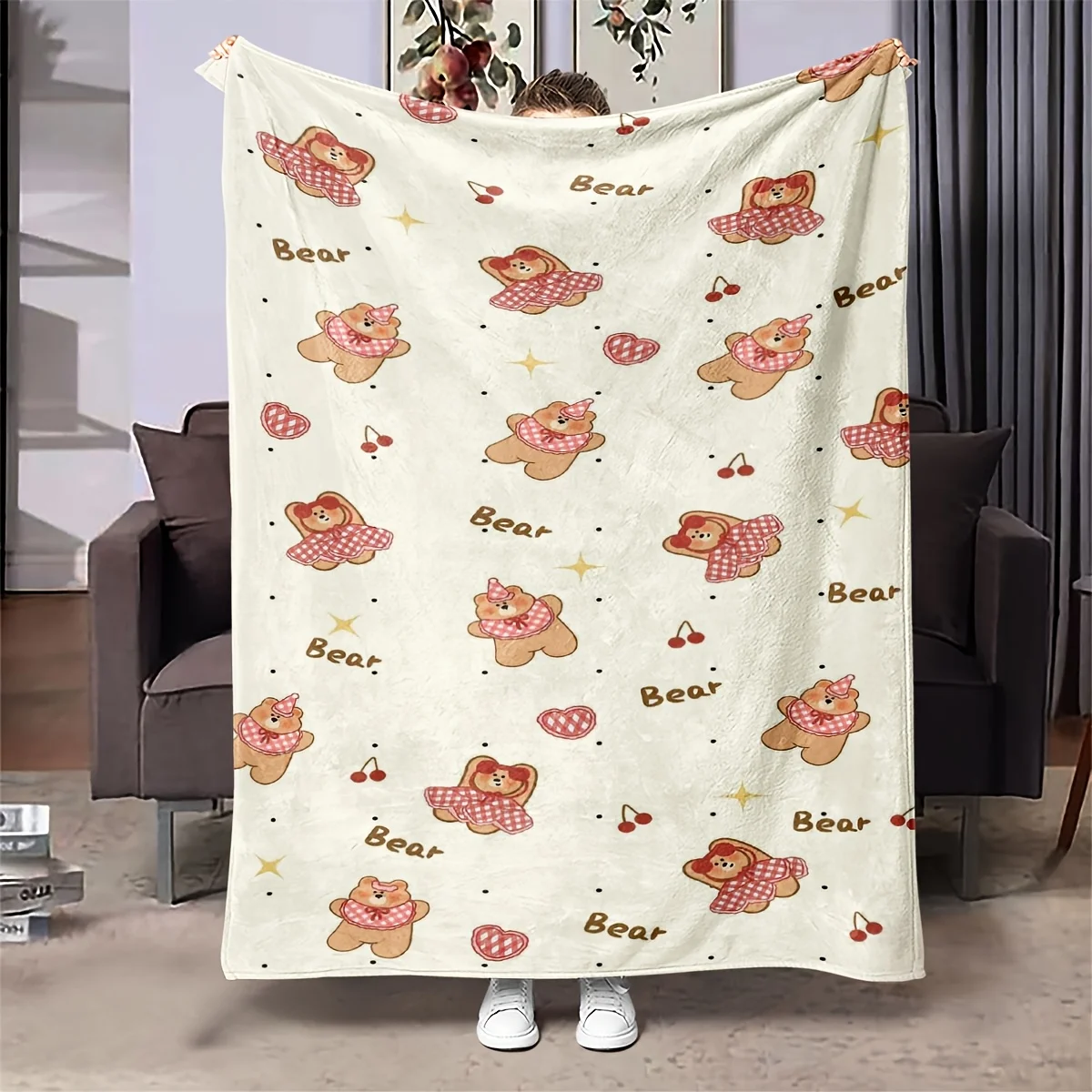Cute Plaid Bow Bear Cherry Heart Star Print Flannel Blanket Soft Throw For Sofa Bedroom Sweet Decor Style Home Decor Gift Ideas