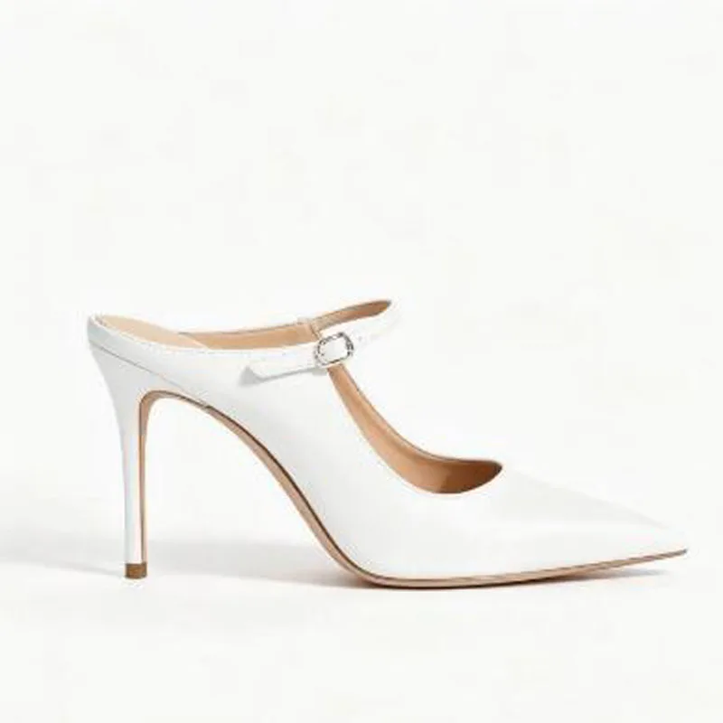 Elegant Women White Matte/Shiny Leather Pointed Toe Heels Mules One Line Buckle Strap High Heel Slip On Party Dress Sandals