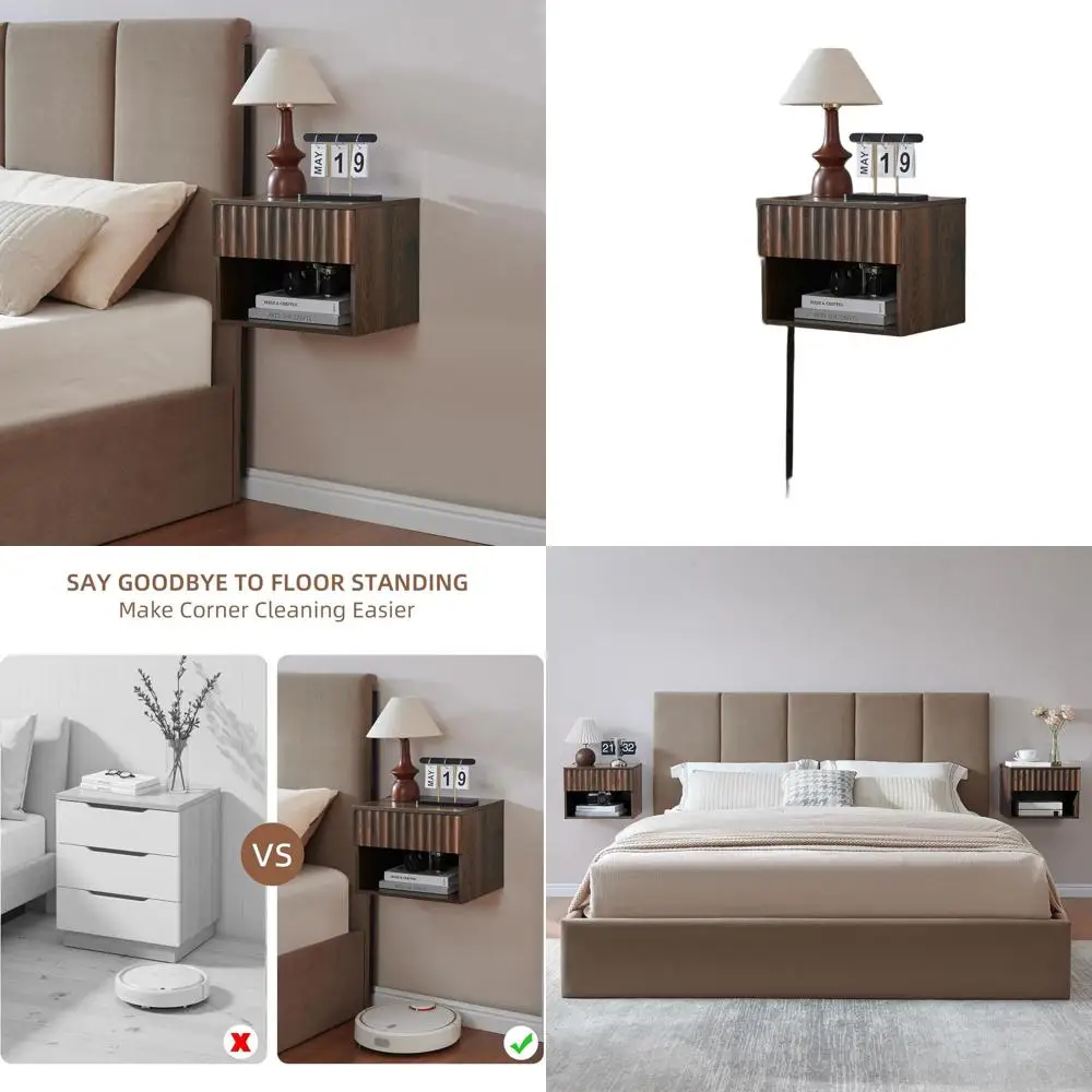 

Современная настенная тумбочка из орехового дерева с рифленым выдвижным ящиком и открытой полкой