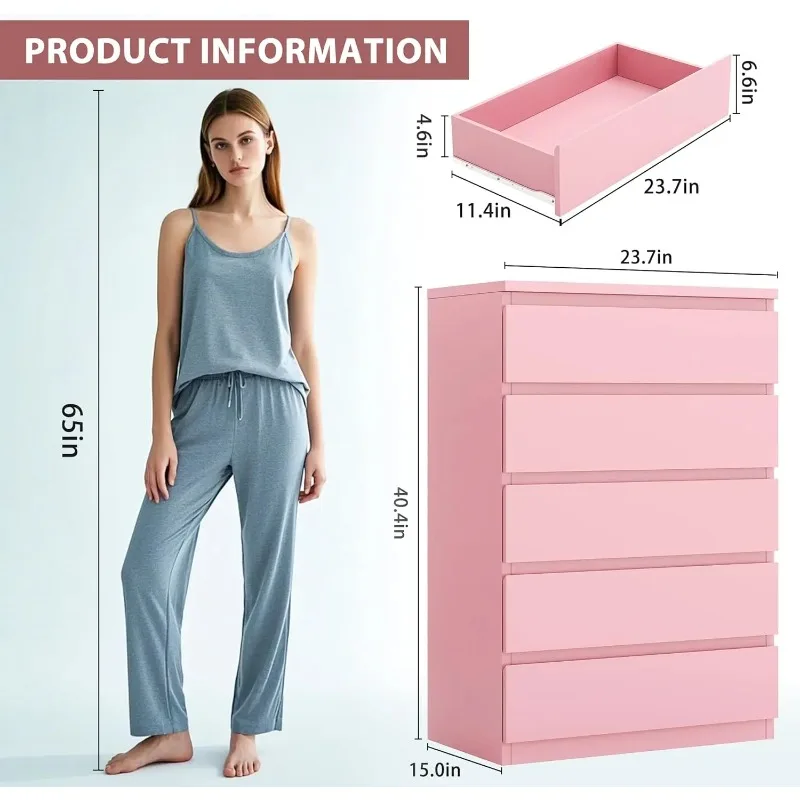 Pink 5 Drawer Dresser for Bedroom, 15