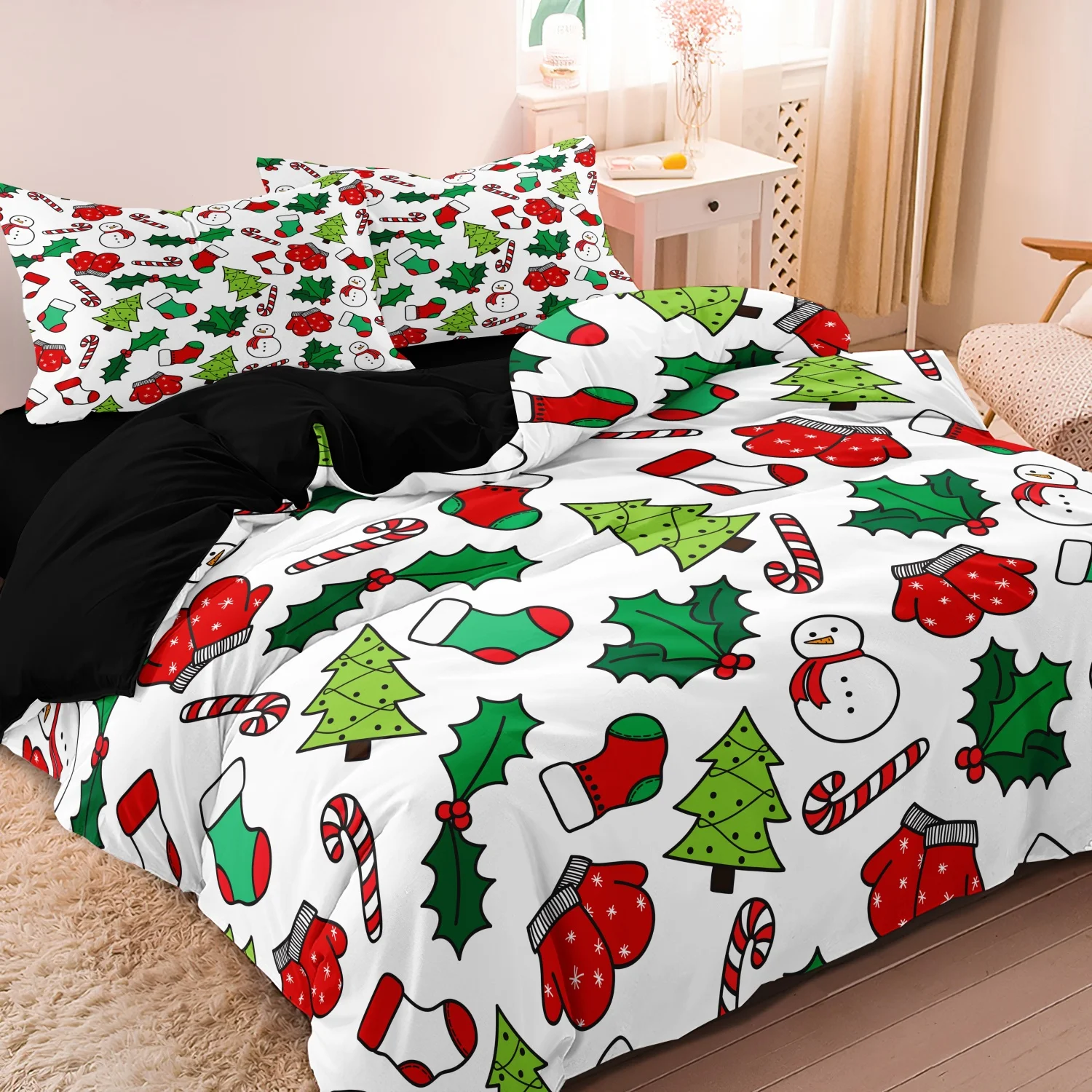  3 Pieces Christmas Element Print Duvet Cover Set, Snowman Xmas Tree Candy Cane Holly Printed Bedding, Multiple Sizes Available
