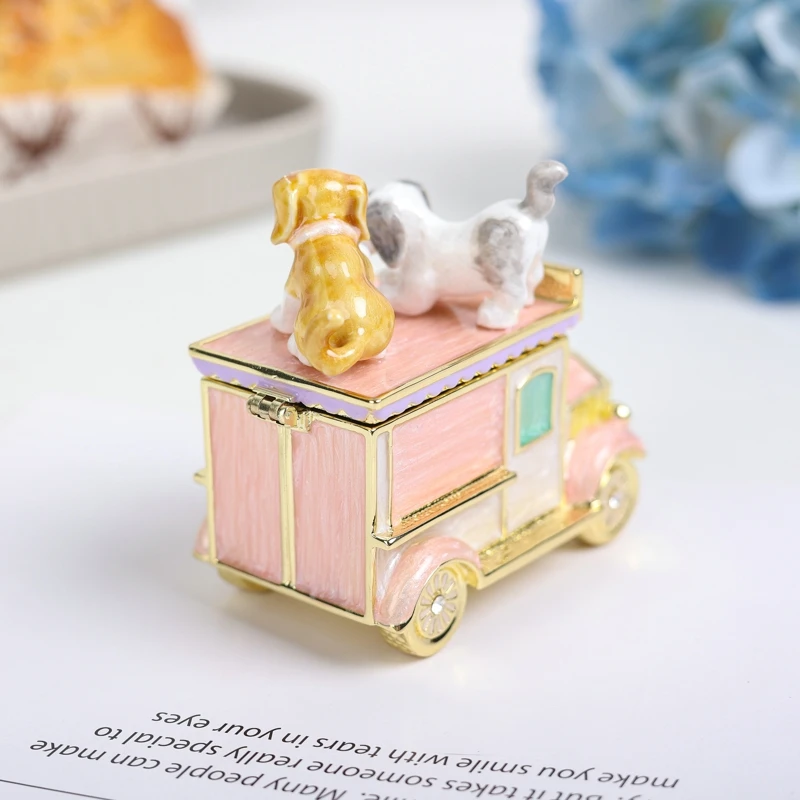 SHINNYGIFTS New Christmas Gifts London Dogs on the truck Enamel Metal Trinket Box Jewelry Gift Box