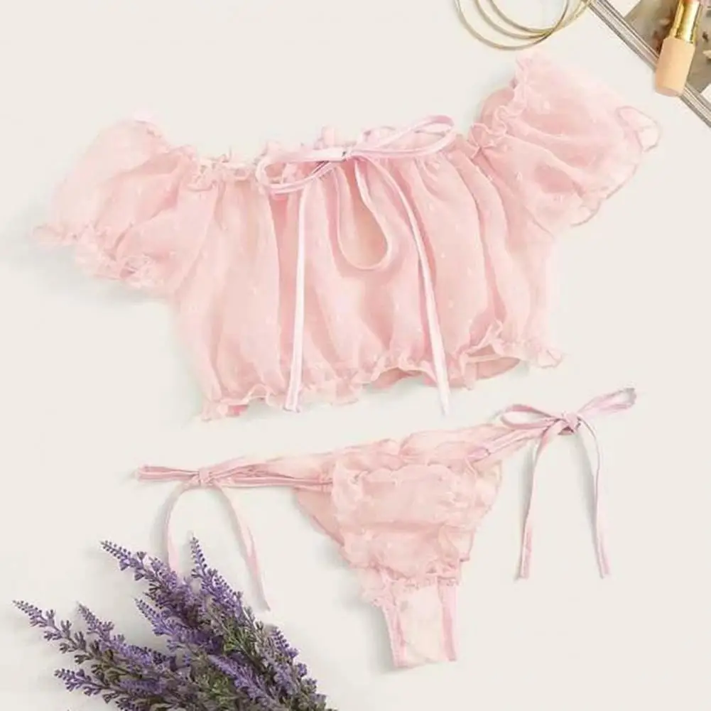 Women Side TieBra Briefs Set Jacquard Lace Bowknot Short Sleeve Bra Low-rise Lace Thong Set Sweet Style Women Bra Briefs Set image 2