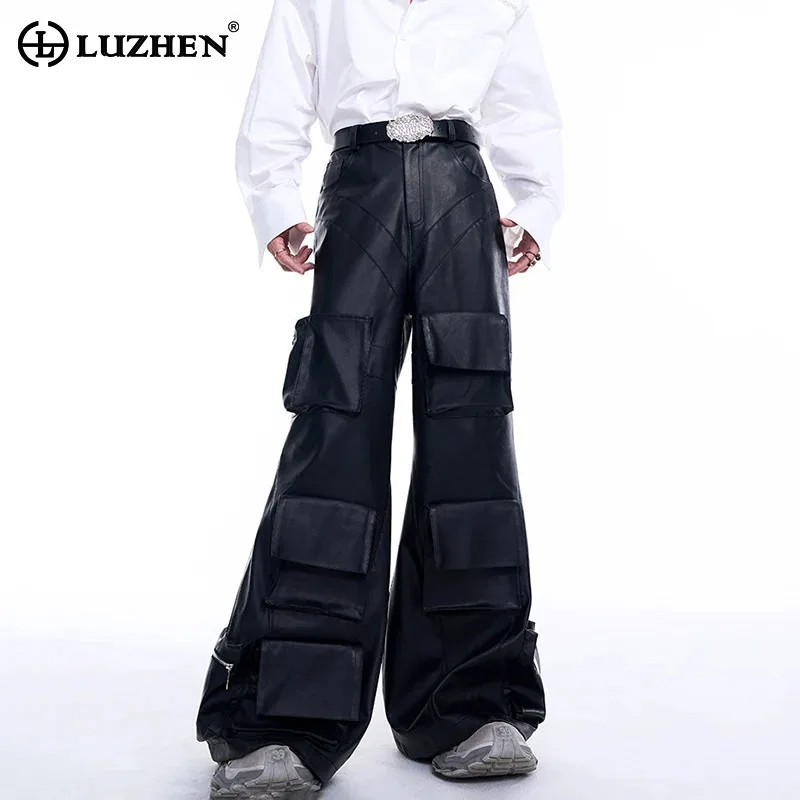 

LUZHEN Multi Pocket Leather Pants Trendy High Street Autumn Dimensional Pocket Original Personalized Stylish Trousers Men LZ4903