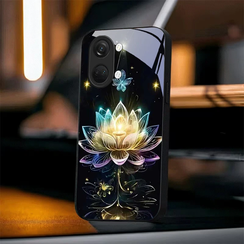 tellar Luminescence Lotus Black Glass Phone Case For OnePlus Ace 2 3 5 Pro Nord CE 2T 2 3 Lite 6 7T 8 9 10 Pro 11R 12R 13R Cover