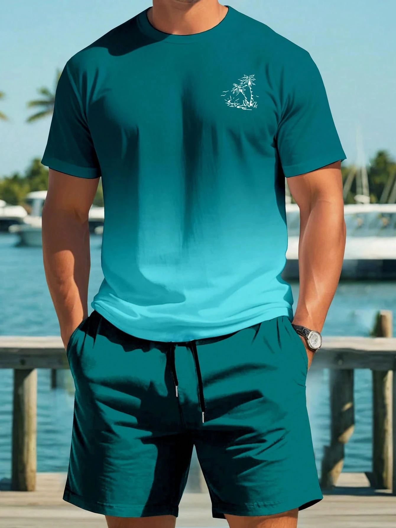 Palm Tree Printed Men Spring and Summer Two Pieces Set Casual Round Neck Short Sleeve T-shirt Shorts Sport Suit Print Clothing