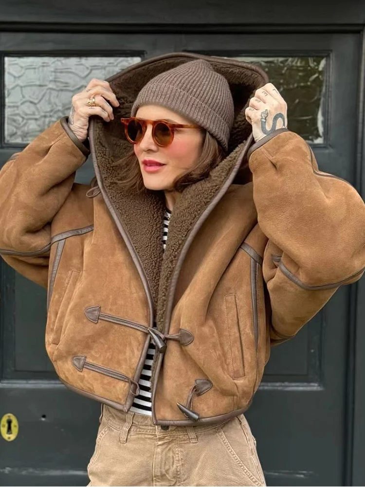 

2025 Winter Women Faux Fur Suede Coat Casual Hooded Long Sleeve Horn Button Jacket Top Ladies Loose Thick Warm Outerwear