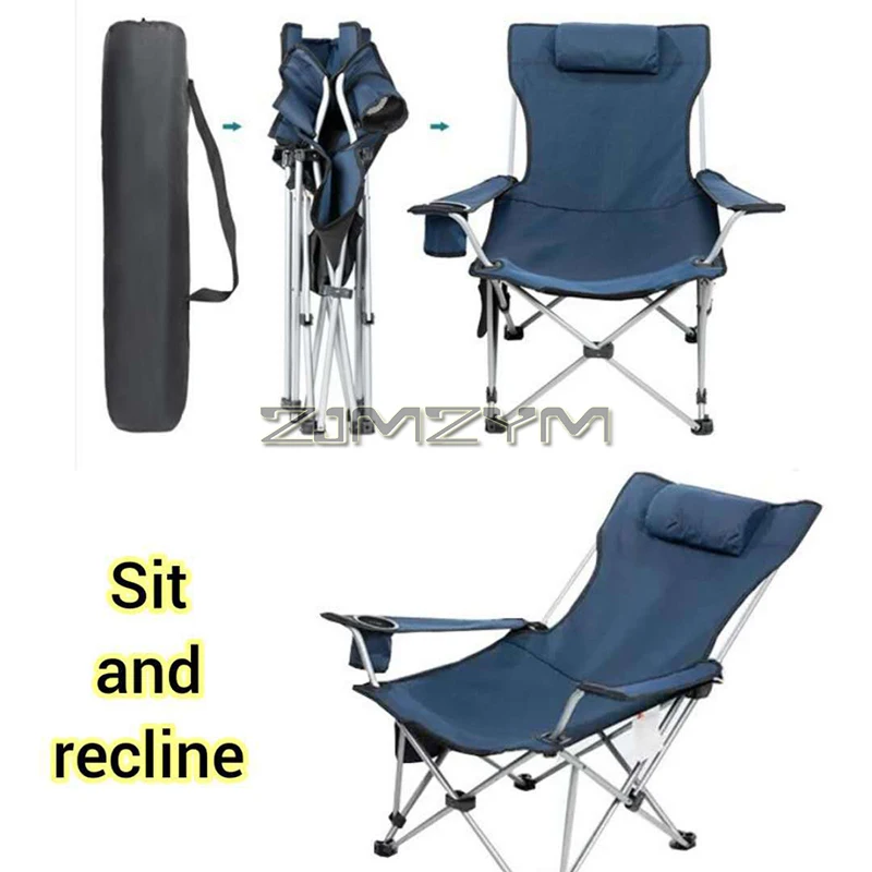 Folding Outdoor Beach Camp Chair with Head Support, Adjustable Back, Armrests, Storage Bag, Cup Holder, Carry Bag for Outside