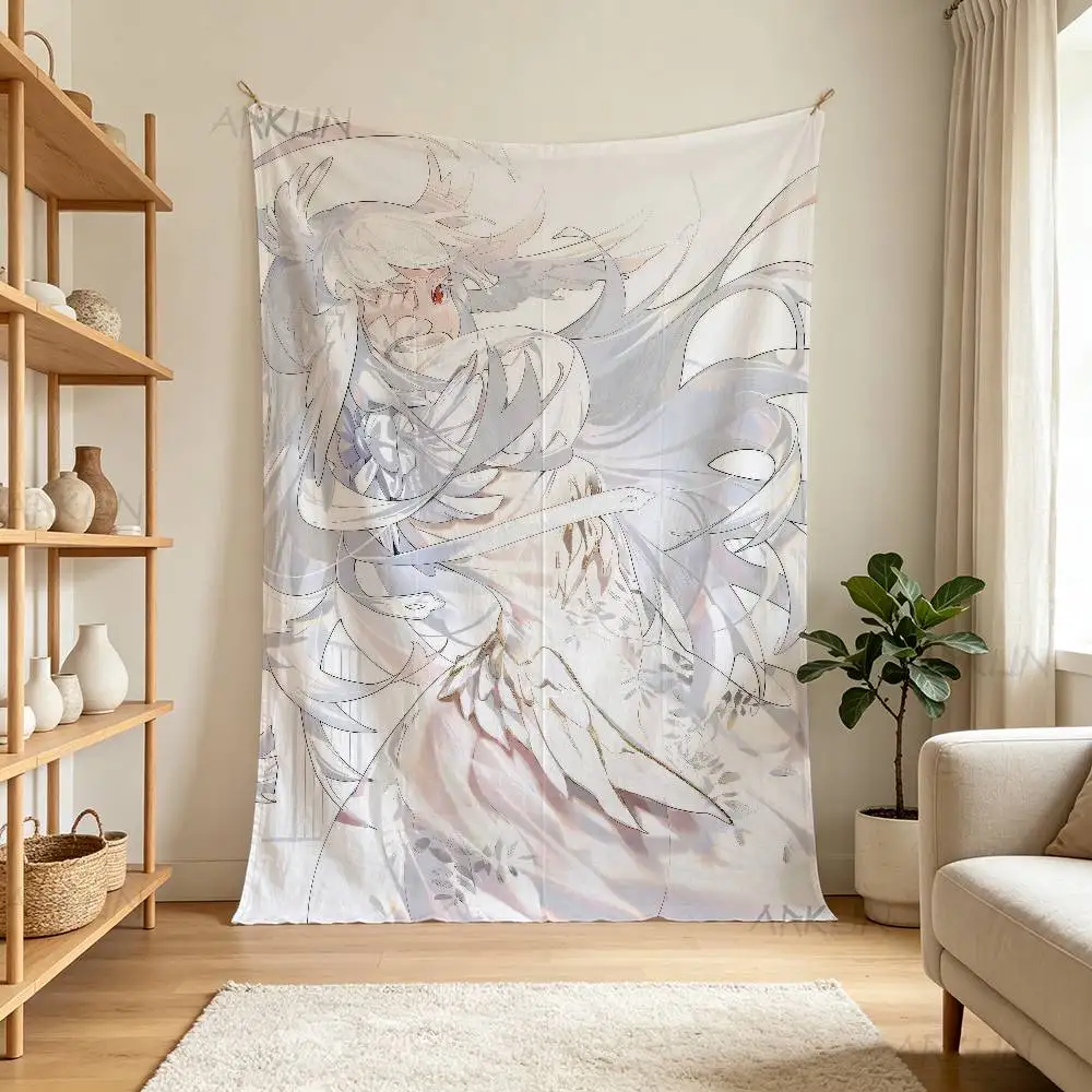 Pretty Girl Tapestry White Long Hair Pale Anime Maiden Soft Sketch Art Wall Hanging Aesthetic Bedroom Dorm Wall Blanket Decor