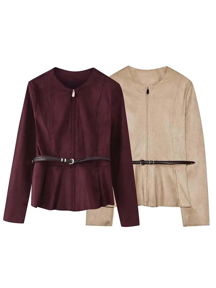 Femmes Vintage veste en daim 2025 automne nouvelle mode col rond à manches longues avec ceinture manteau femme haute rue à manches longues nouvelles vestes