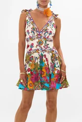 Women Flower Printed V-Neck Beaded Silk Linen Lace-up Strap Mini Dress