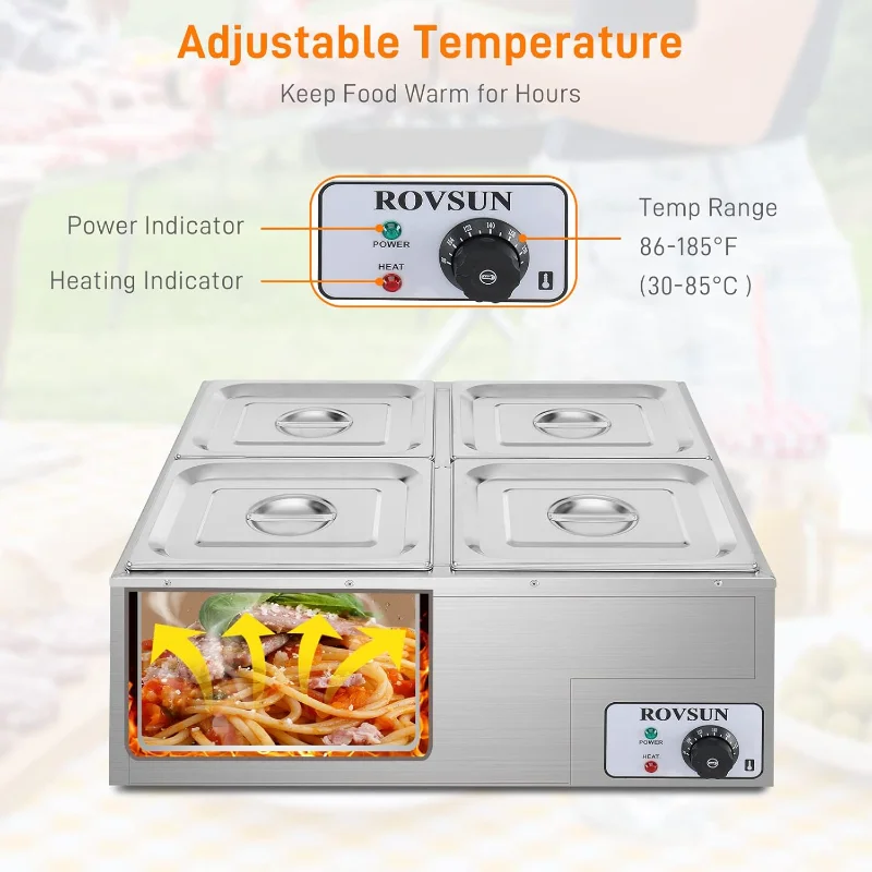 ROVSUN 42.3QT 1200W 전기 상업용 음식 보온기, 4팬 스팀 테이블 10.6 QT/팬 스테인레스 스틸 베인 마리 뷔페 조리대