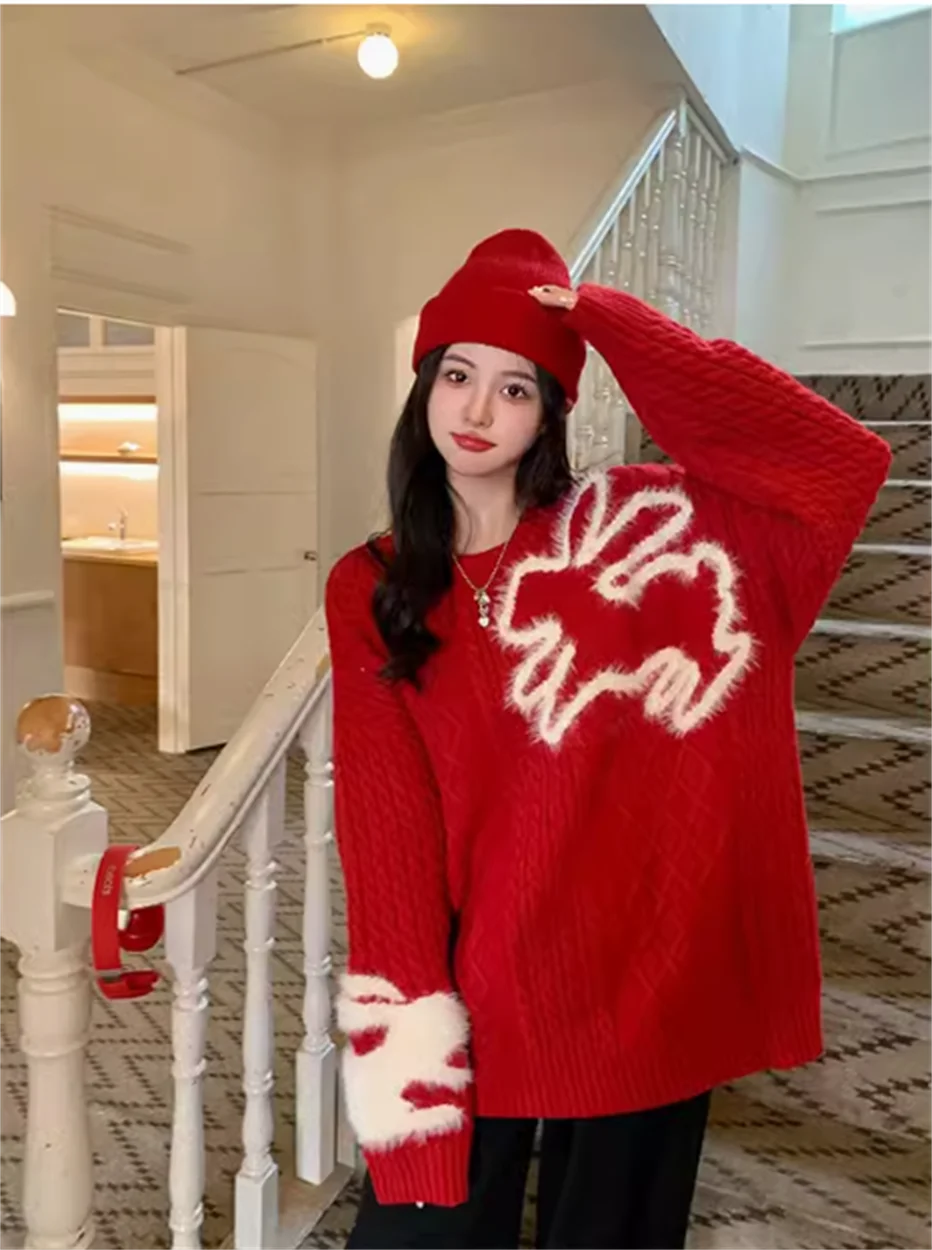 Red Rabbit Sweater Women's Autumn/Winter Rabbit Year New Year Clothes Chinese New Year Women's Top