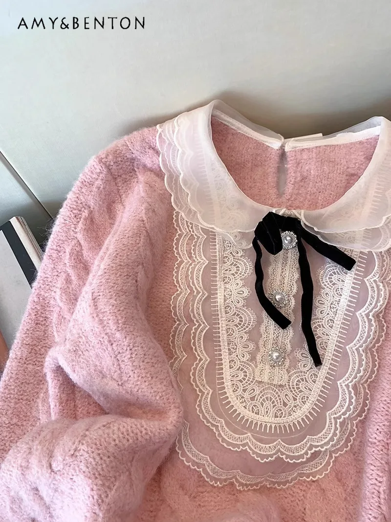 Preppy Style Pink Lace Stitching Peter Pan Collar Sweater Women Spring New Sweet Bowknot Knitted Pullover Gentle Sueter Mujer