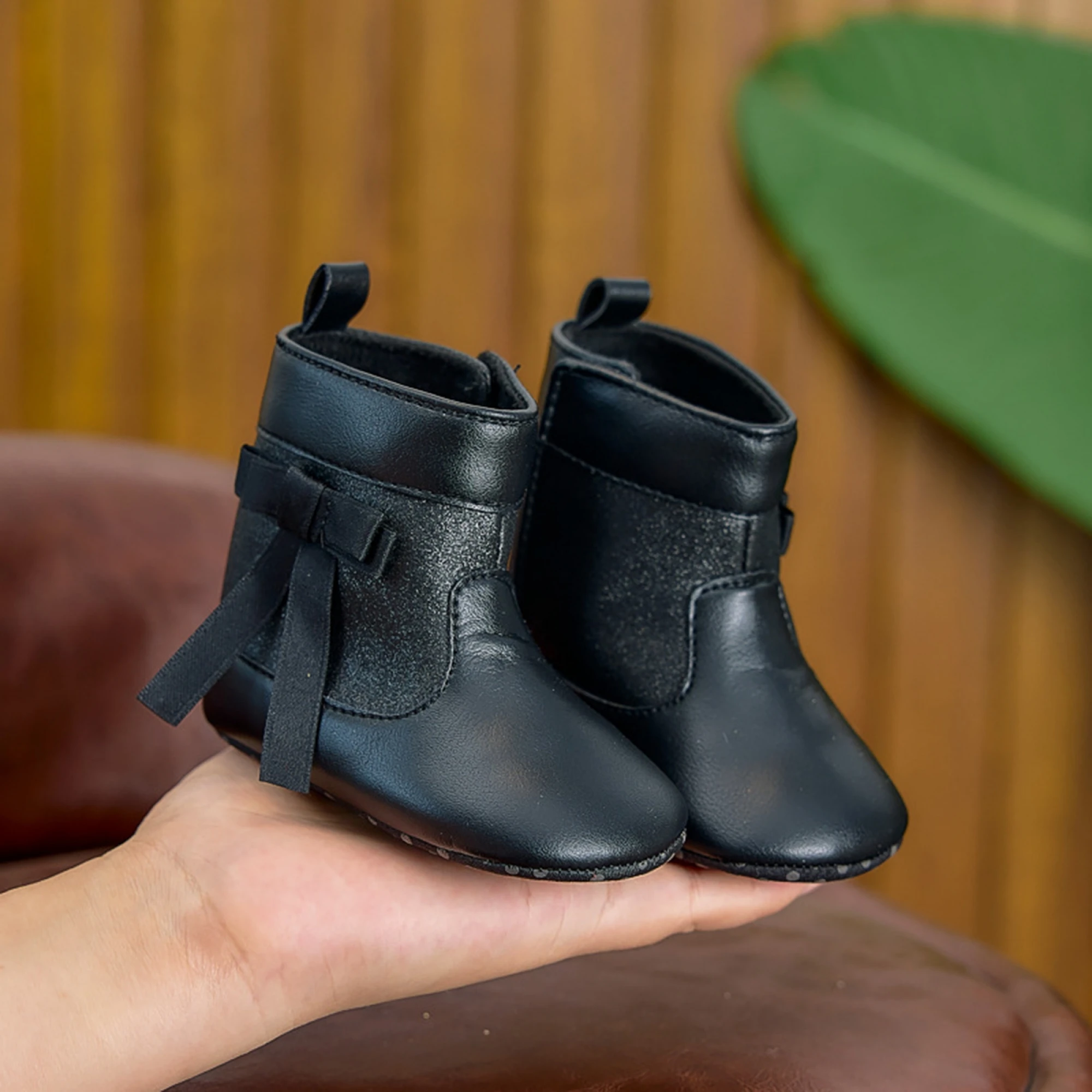 Adorable Toddler Girls Bow Ankle Boots with Anti-Slip Gripper Stylish Infant Winter Shoes for Indoor and Outdoor Activities