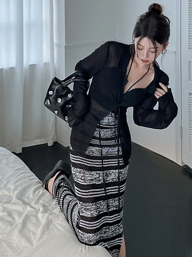 Sexy Three Pieces Sets Women Summer Sun-proof Shirts Hotsweet Simple Camisoles Slim All-match Striped Skirts Graceful Ulzzang