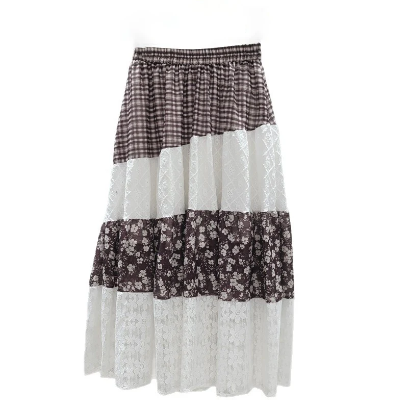 WTHT موضة جديدة للمرأة الدانتيل حافة تقسم زهرة طباعة ألف خط التنانير الطويلة 2025 الصيف العصرية مرونة الخصر تنورة الإناث 1LS2043