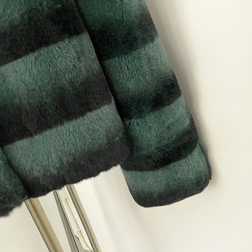 OFTBUY Neue Retro-Luxus-Winterkleidung Oberbekleidung Damen Kurze Echte Kaninchenfell-Jacke Kaltwetter-Mode Gestreifter Pelzmantel Damen – Detail 5