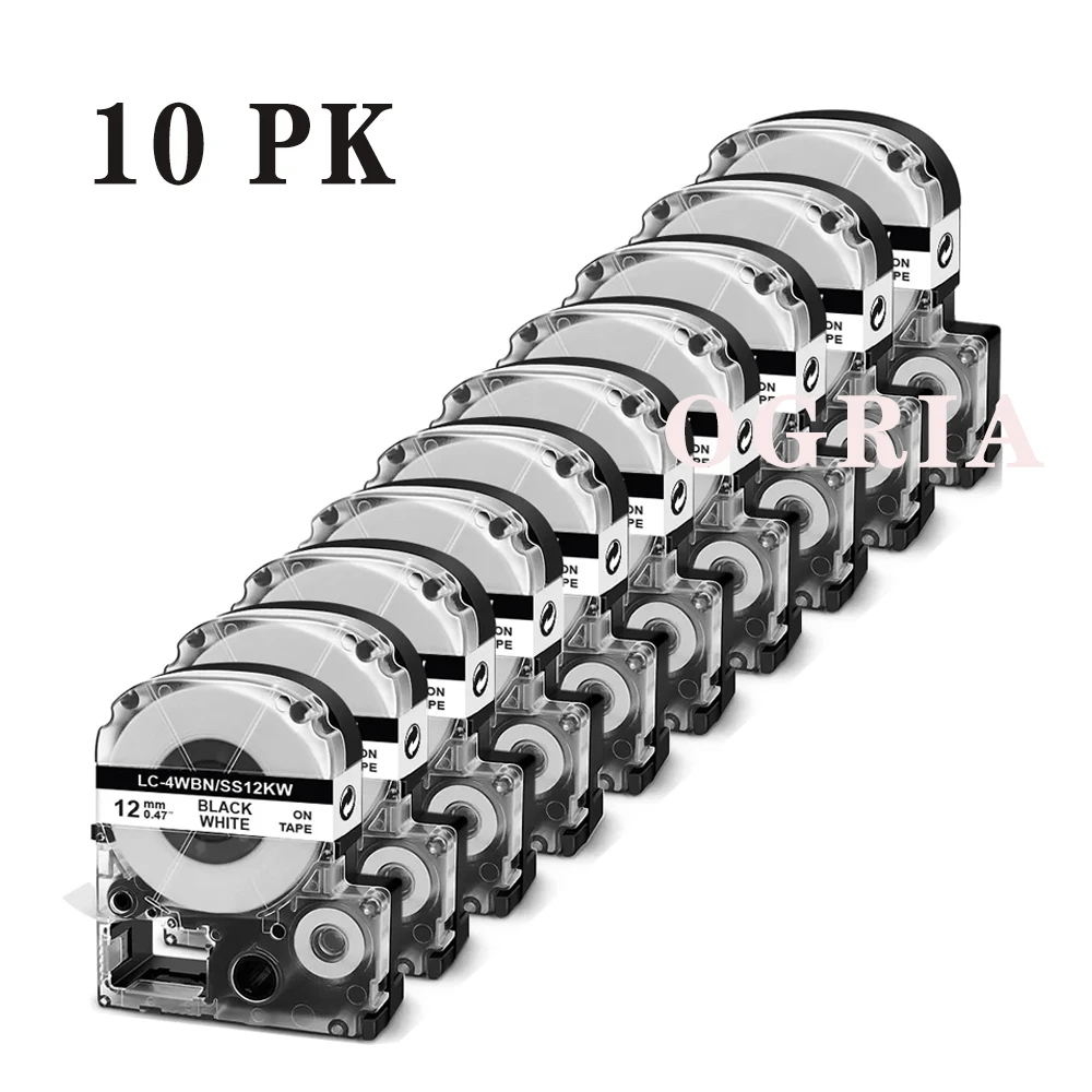 10 pcs 12mm Black on White SS12KW LC-4WBN LC-4WBN9 LC4WBN Compatible Label Tape For Kingjim Printer SR150 LW300 LW400 LW-600P